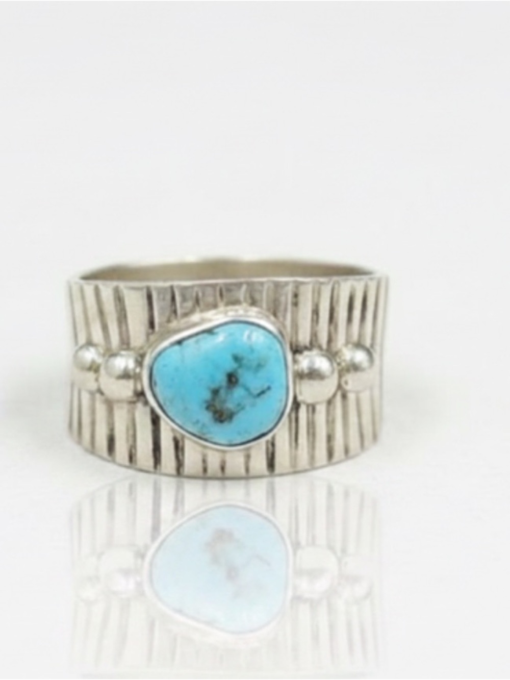 Vintage N.W.  Navajo Coin Silver Wide Turquoise Band Ring Size 6